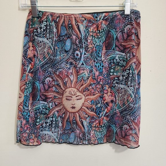 Sun with lotus flower print Y2K skirt with lettuce hem woman's size medium - Picture 2 of 8